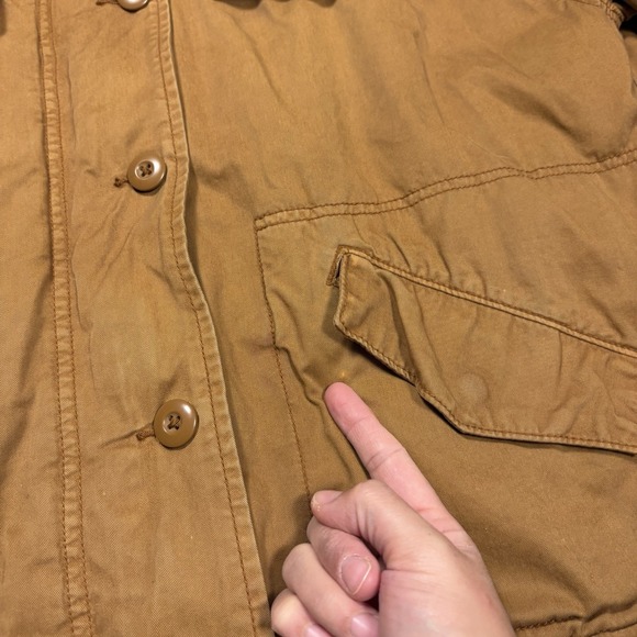 American Eagle Overcoat Jacket Womens Medium M Khaki Brown Fur Hood Flap Pockets - Picture 5 of 8